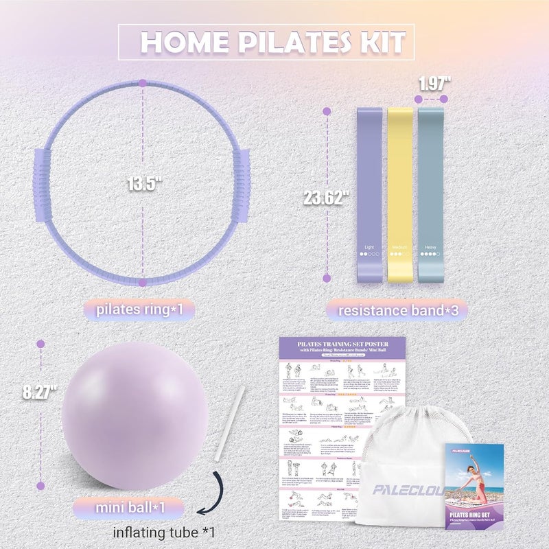 Paleclouds Pilates Essentials Kit for Women, 13.5" Pilates Ring and Ball Set with Resistance Bands for Home Workouts, Portable Pilates Kit with Bag & Training Poster for Full Body Exercise - Image 5